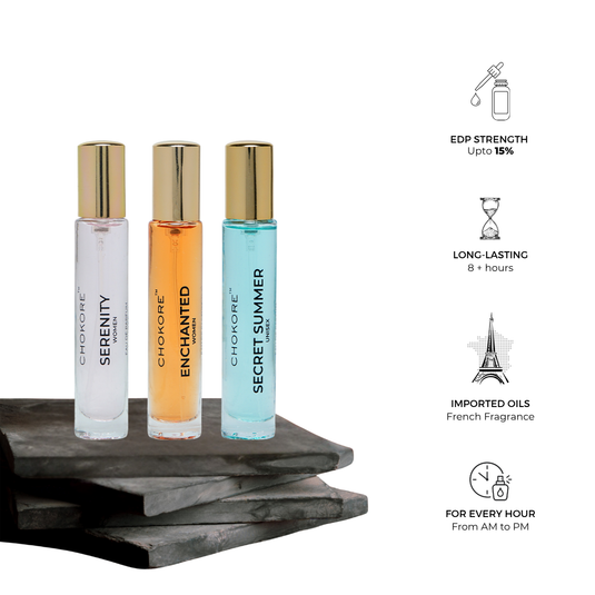 Serenity · Enchanted · Secret Summer | 3 x 15ml Perfume Combo For Women | (Morning / All Day)