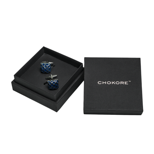 Blue Enamel Checkered Brass Cufflinks – Modern Formal Wear