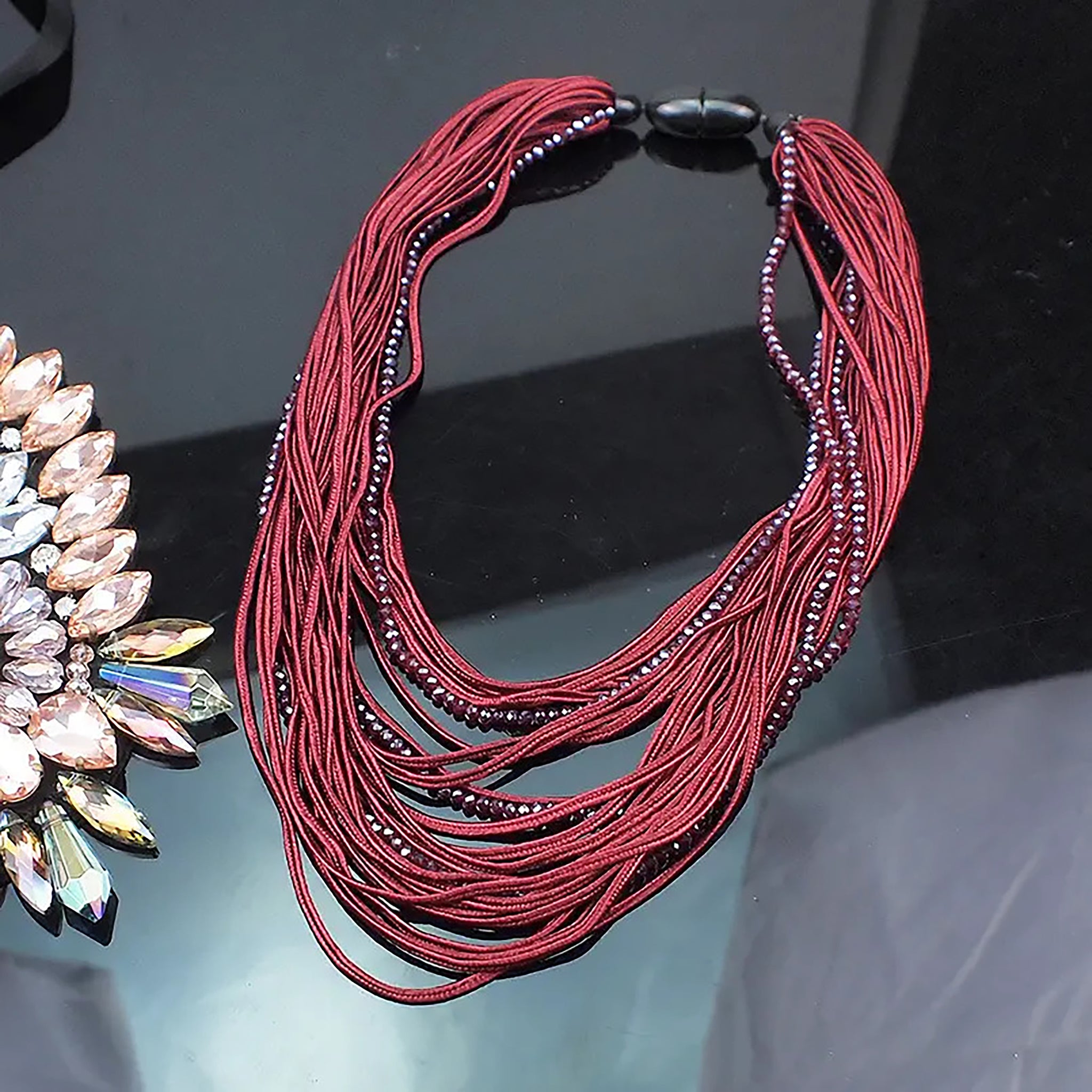 Chokore Multilayer Ribbon & Bead Boho Necklace (Wine Red)
