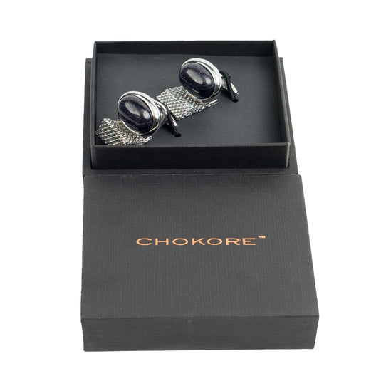 Vintage Mesh Silver Black-Stone Brass Cufflinks – Formal & Elegant Wear