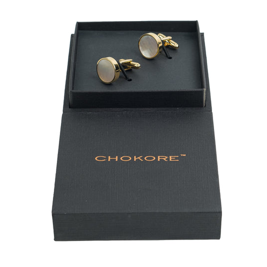 Mother of Pearl Gold Brass Round Cufflinks – Luxury & Formal Wear