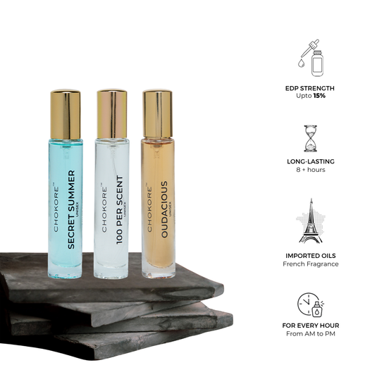Secret Summer · 100 Per Scent · Oudacious | 3 x 15ml / 20ml Unisex Perfume Combo | (Morning / All Day)