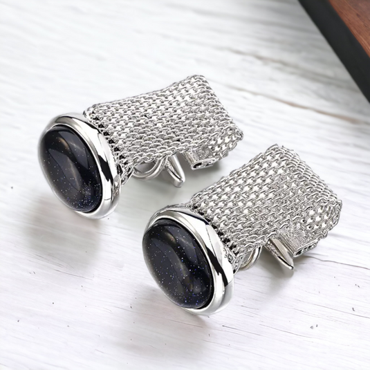Vintage Mesh Silver Black-Stone Brass Cufflinks – Formal & Elegant Wear