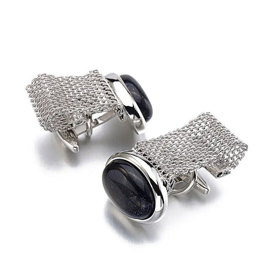 Vintage Mesh Silver Black-Stone Brass Cufflinks – Formal & Elegant Wear