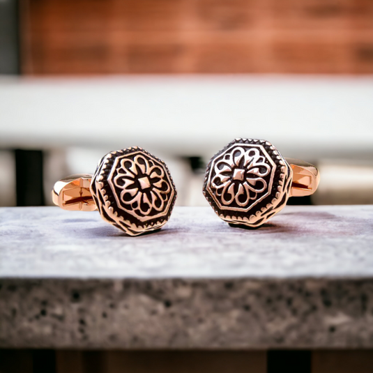 Antique Octagonal Floral Brass Cufflinks – Festive & Formal Wear