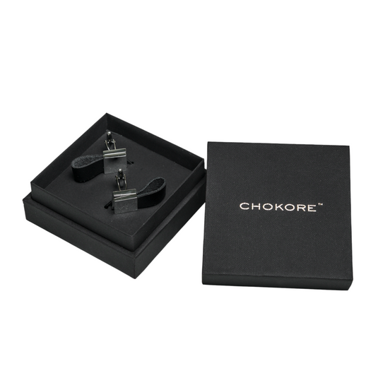 Leather & Silver Square Brass Cufflinks – Contemporary & Formal Wear