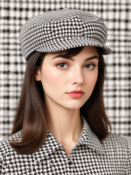 Chokore Retro Houndstooth Pattern Beret Cap (Black)