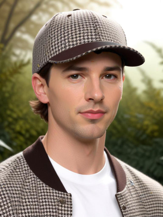 Chokore Retro Houndstooth Pattern Baseball Cap with Leather Details (Coffee)