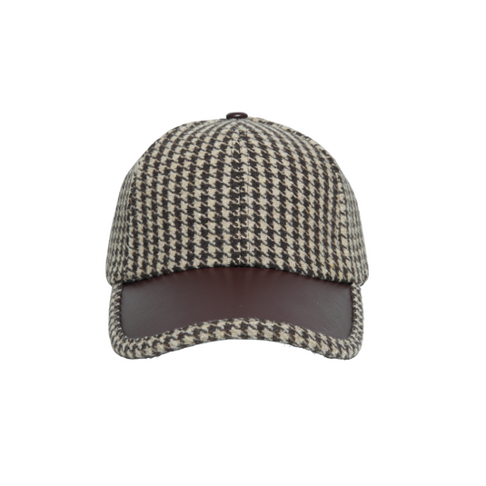 Chokore Retro Houndstooth Pattern Baseball Cap with Leather Details (Coffee)