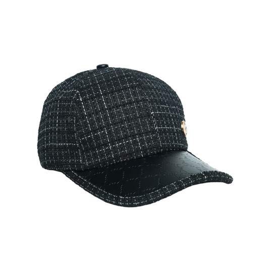 Chokore Retro Houndstooth Pattern Baseball Cap with Leather Details (Black)