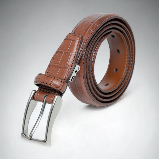 Crocodile Pattern Formal Pure Leather Belt (Brown)