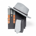Chokore  Chokore Special 3-in-1 Gift Set for Him (Gray Suspenders, Fedora Hat, & Solid Silk Necktie)