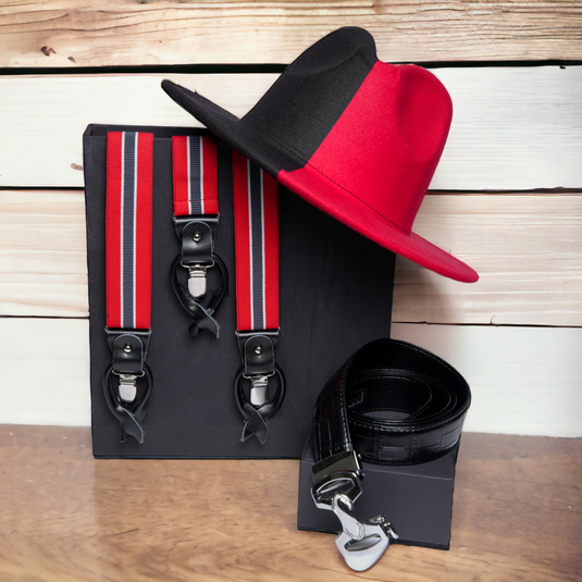Chokore Special 3-in-1 Gift Set for Him (Y-shaped Suspenders, Fedora Hat, & Leather Belt)