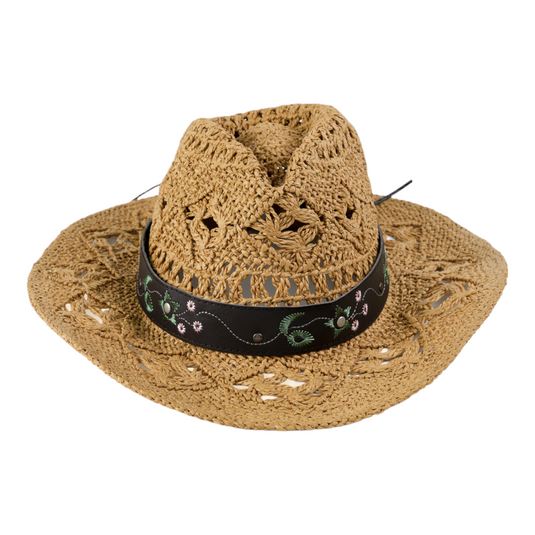 Chokore Handcrafted Straw Cowboy Hat with Embroidered Belt (Khaki)