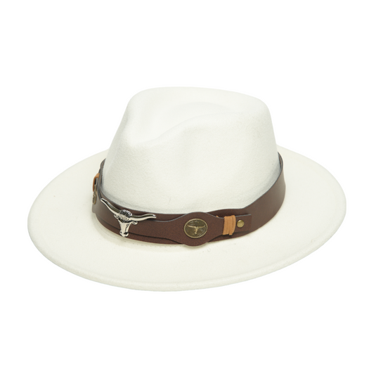 Chokore fedora hat with Ox head belt (White)