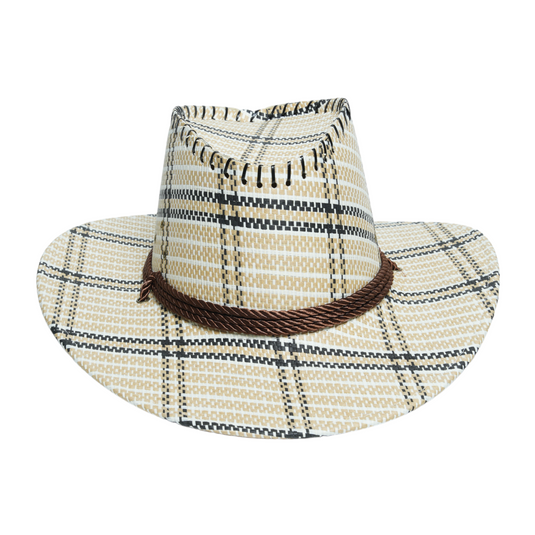 Chokore Vintage Wide-Brim Plaid Straw Cowboy Hat (Off-White)