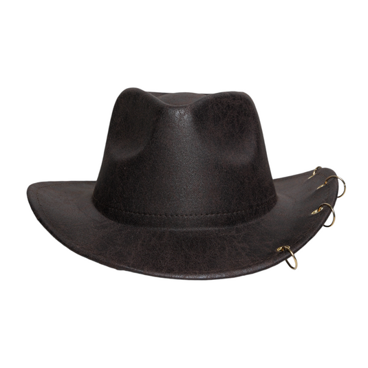 Chokore Leather Cowboy Hat with Metal Ring Details (Dark Brown)