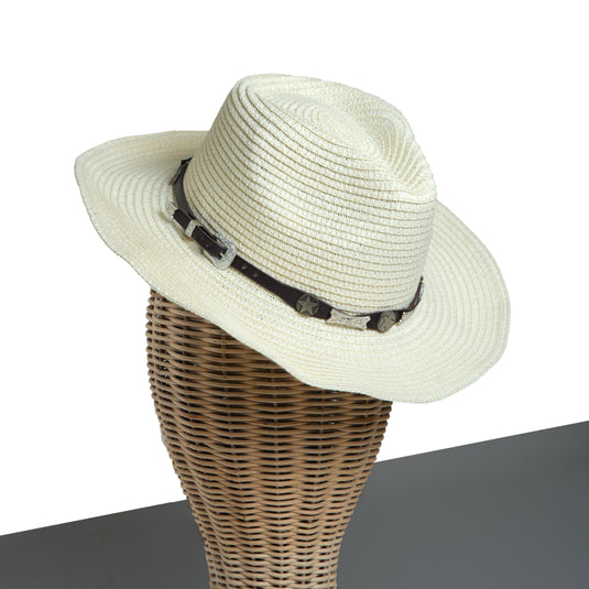 Chokore Summer Straw Hat with Buckle Belt (Off White)