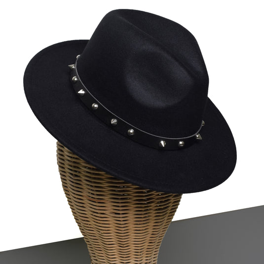 Chokore Fedora Hat with Spiked Leather Band (Black)