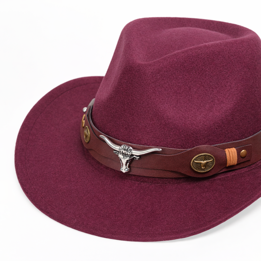 Chokore American Cowhead Classic Cowboy Hat with Ox Belt (Burgundy)
