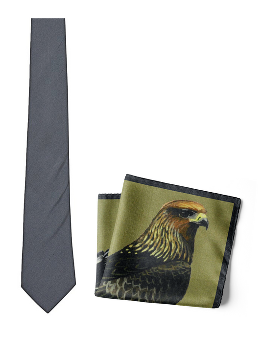 Chokore The Eagle Has Landed - Pocket Square & Dark Grey color silk tie for men