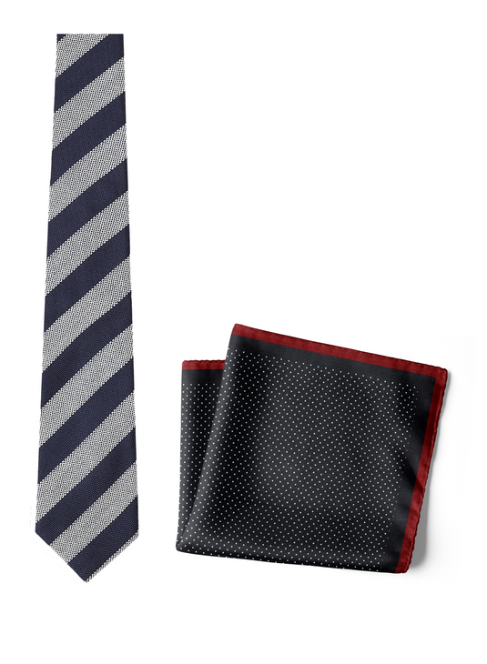 Chokore Spot On - Pocket Square & Stripes (Navy & Silver) Necktie