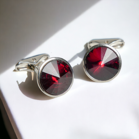 Rich Burgundy Crystal Silver Brass Cufflinks – Wedding & Celebration Wear