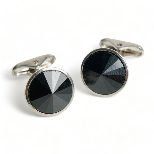 Jet Black Crystal Silver Brass Cufflinks – Formal & Sophisticated Wear