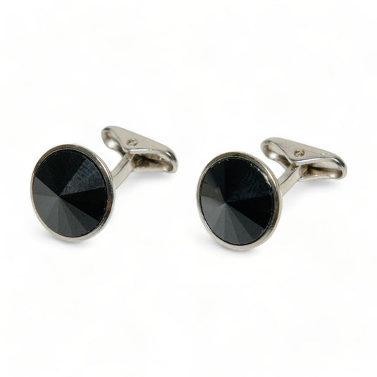 Jet Black Crystal Silver Brass Cufflinks – Formal & Sophisticated Wear