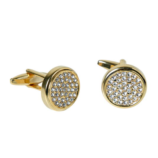 Gold Crystal Studded Round Brass Cufflinks – Festive & Celebration Wear