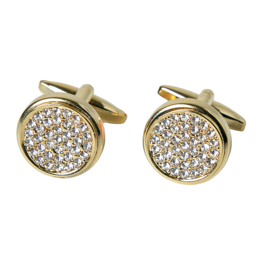 Gold Crystal Studded Round Brass Cufflinks – Festive & Celebration Wear