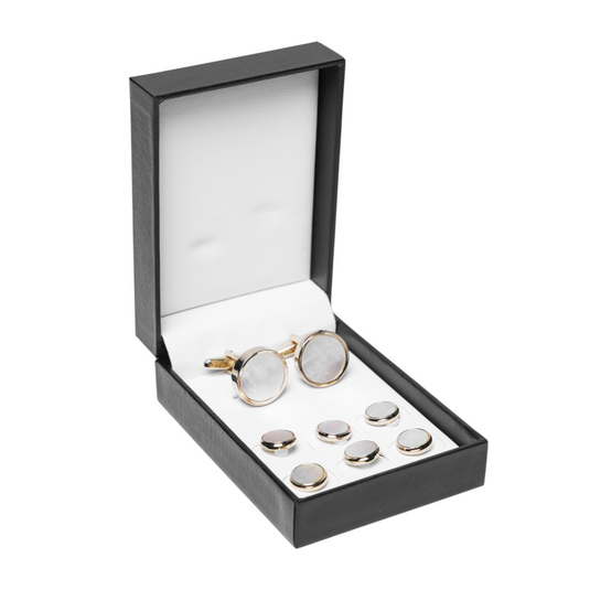 Gold & Mother-of-Pearl Brass Cufflinks and Studs Set (8 pcs) – Luxurious Tuxedo Wear