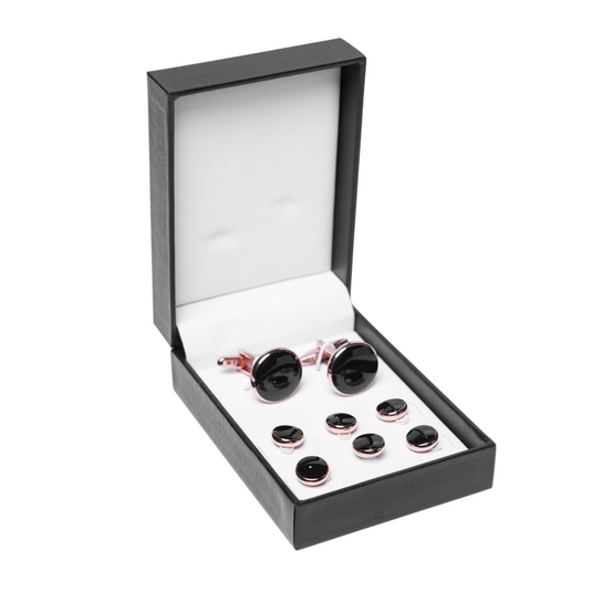 Black & Rose Gold Brass Cufflinks and Studs Set (8 pcs) – Luxurious Tuxedo Wear