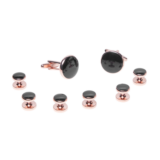Black & Rose Gold Brass Cufflinks and Studs Set (8 pcs) – Luxurious Tuxedo Wear