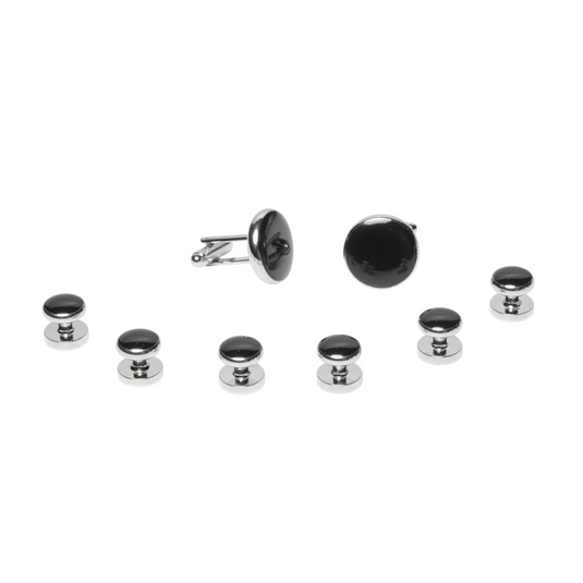 Black & Silver Brass Cufflinks and Studs Set (8 pcs) – Classic Tuxedo Wear