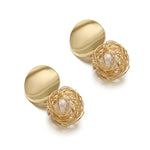 Chokore Chokore Metallic Floral Earrings Drop Earrings with a woven metal mesh ball and pearl. Gold tone.
