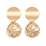 Chokore Chokore Double Spiral Choker Necklace (Gold) Drop Earrings with a woven metal mesh ball and pearl. Gold tone.