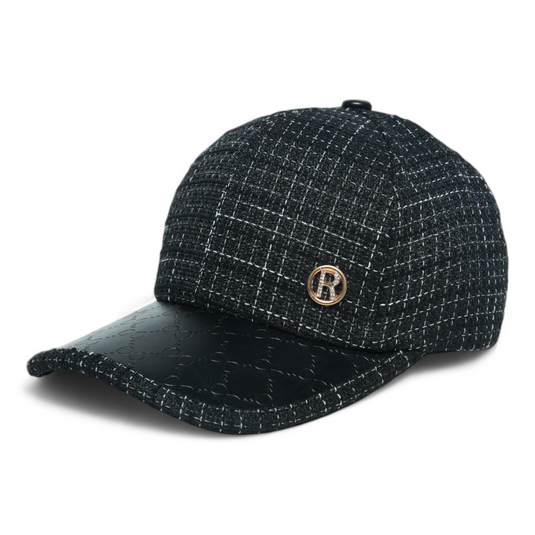 Chokore Retro Houndstooth Pattern Baseball Cap with Leather Details (Black)