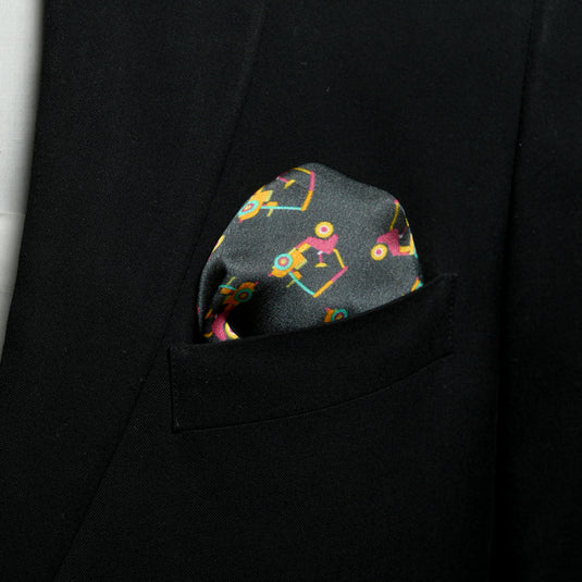 Chokore Dark Gray & Pink Golf Car Silk Pocket Square - Sporty Silks Range
