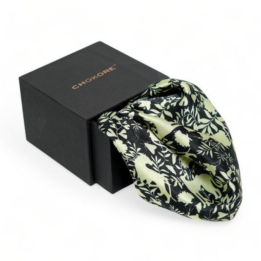 Chokore Black & Off-White Animal print Silk Pocket Square - Wildlife Range