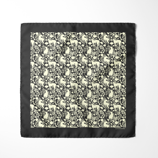 Chokore Black & Off-White Animal print Silk Pocket Square - Wildlife Range
