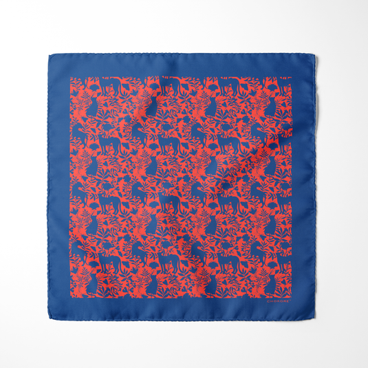 Chokore Red & Blue Animal print Silk Pocket Square - Wildlife Range
