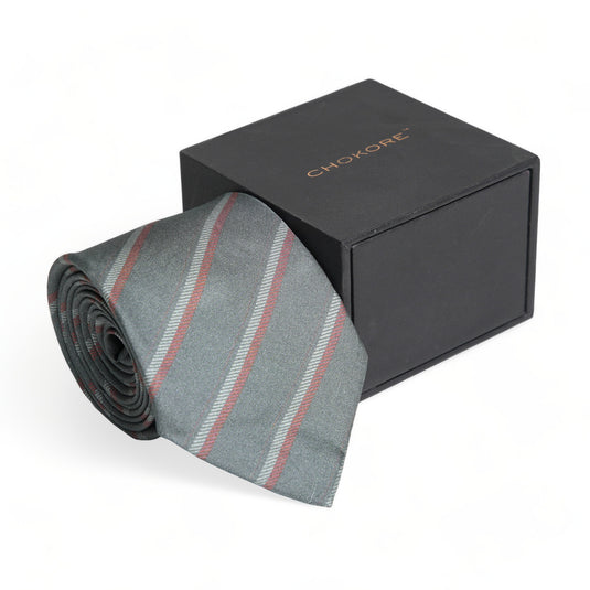 Chokore Grey with Stripes Silk Necktie - Plaids Collection