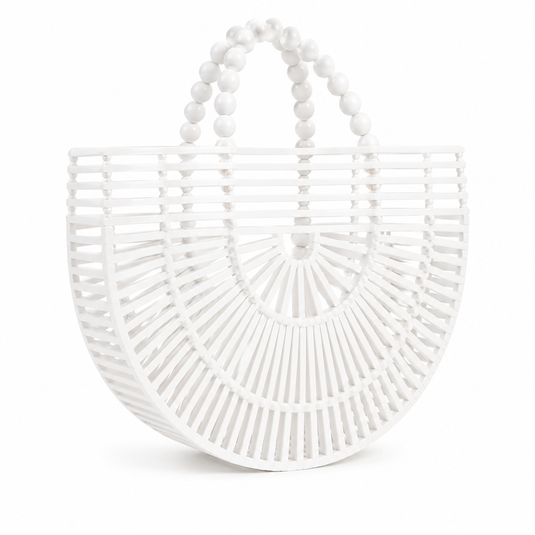 Chokore Bamboo Tote with bead handle - Handcrafted Basket Bag for Women. White.