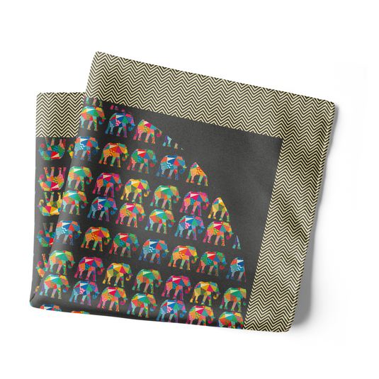 Chokore Black with Multi-coloured Elephants Silk Pocket Square - Wildlife Collection