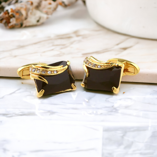 Black Crystal & Gold Wave Brass Cufflinks – Luxurious Formal Wear