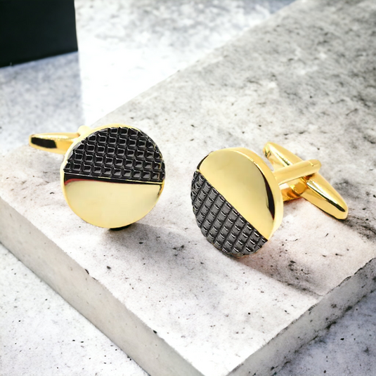 Half-Textured Gold & Black Brass Cufflinks – Modern Formal Wear