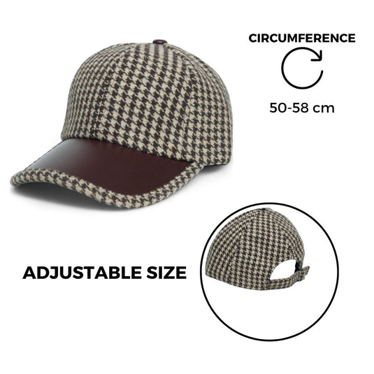 Chokore Retro Houndstooth Pattern Baseball Cap with Leather Details (Coffee)