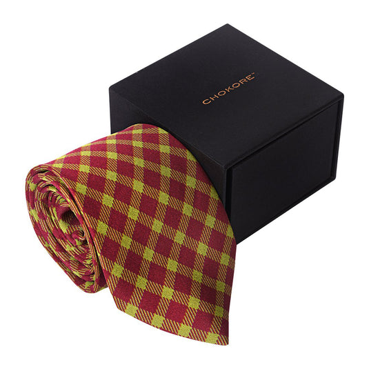 Chokore Burgundy & Lime Green Silk Necktie - Plaids Collection