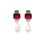 Chokore Chokore Tawny Crystal Earrings Fuschia & Green Crystals with a Pearl Drop. Gold tone.